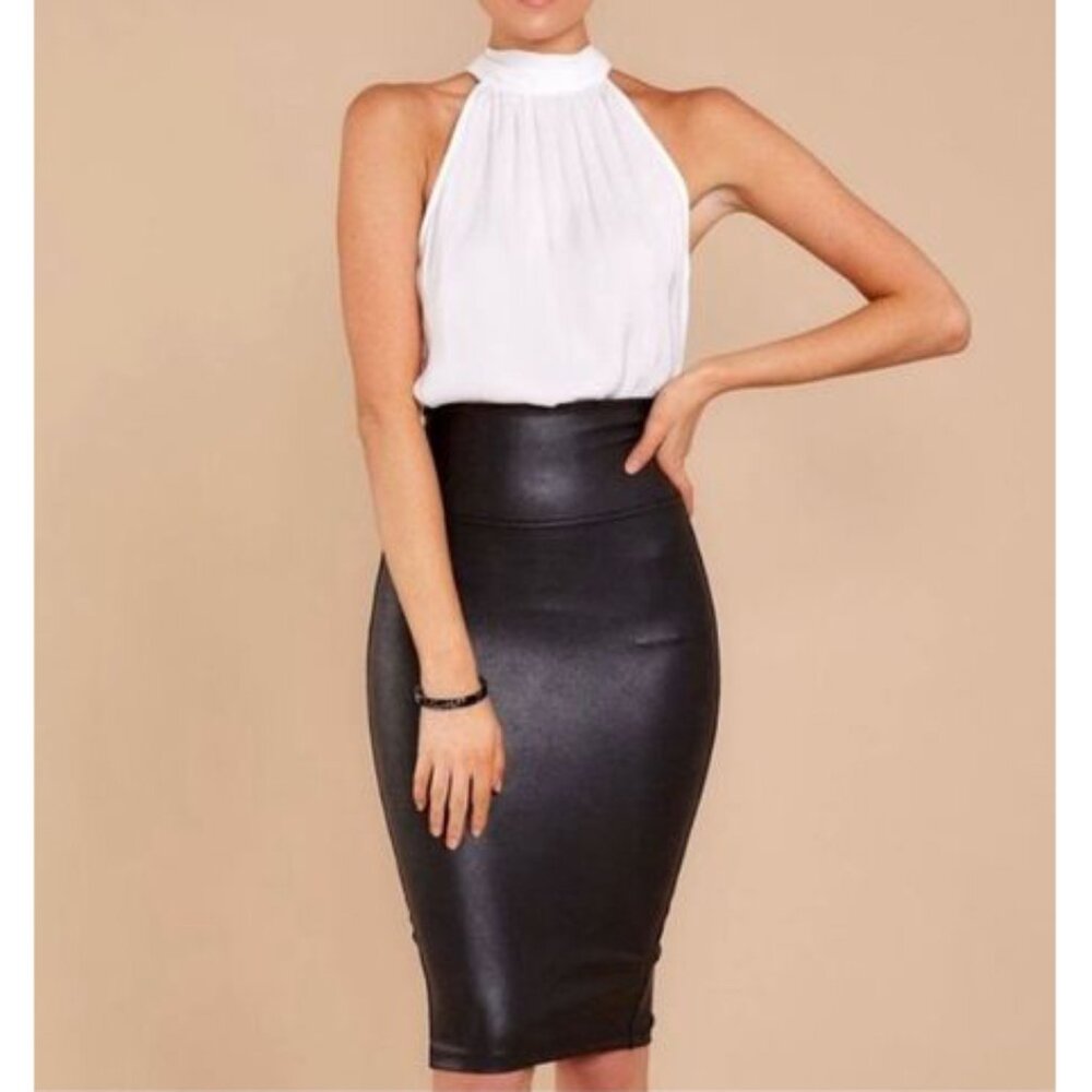 Spanx Faux Leather Pencil Skirt Very Black High-Waist Shiny Stretchy Edgy Midi